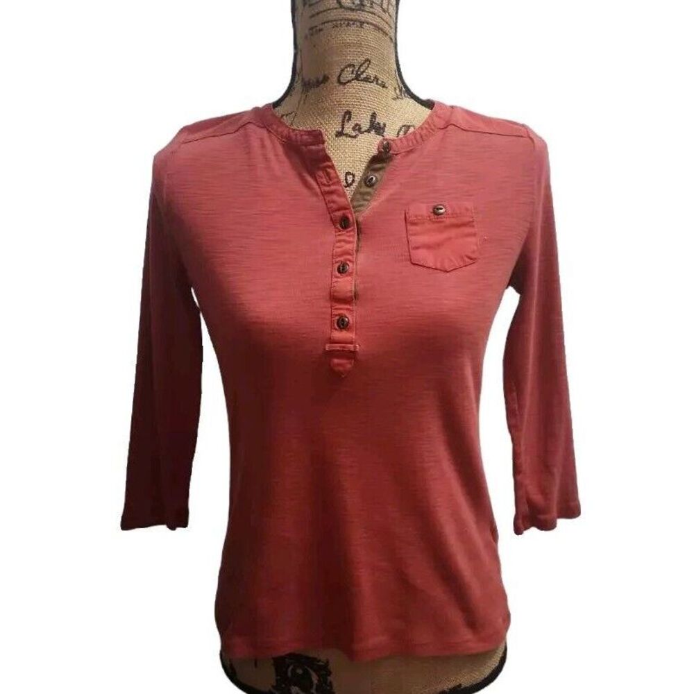 Lauren Jeans Co. Womens Size S 3/4 Sleeve Top Notch‎ Neck Red